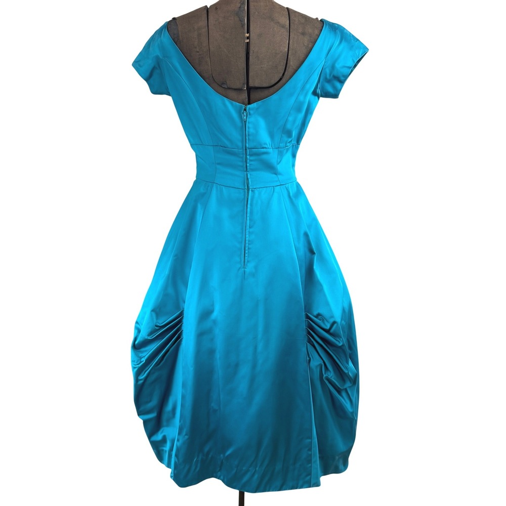 Vintage Teal Blue 50's Dress Womens (S) Satin Bows Midi Prom Rockabilly ILGWU - Picture 2 of 7